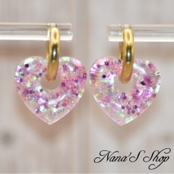 Pampilles interchangeables en forme de cœur, en résine et paillettes mauve, fait main, pour créoles à composer.