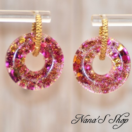 Pampilles interchangeables en forme de donuts, en résine et paillettes rose fuchsia, fait main, pour créoles à composer.