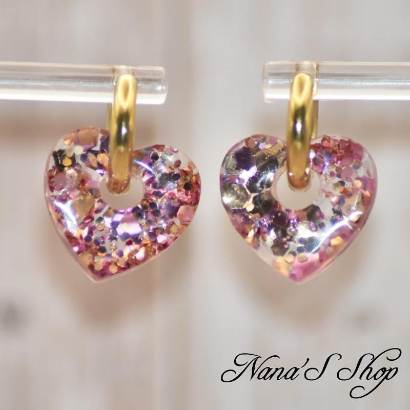 Pampilles interchangeables en forme de cœur, en résine et paillettes rose et or, fait main, pour créoles à composer.