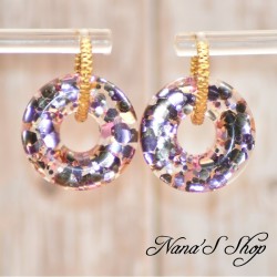 Pampilles interchangeables en forme de donuts, en résine et paillettes rose et or, fait main, pour créoles à composer.