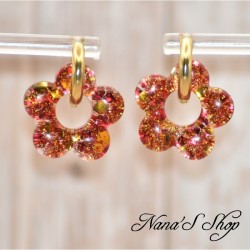 Pampilles interchangeables en forme de fleur, en résine et paillettes rouge et or, fait main, pour créoles à composer.