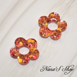 Pampilles interchangeables en forme de fleur, en résine et paillettes rouge et or, fait main, pour créoles à composer.