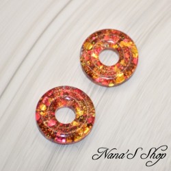 Pampilles interchangeables en forme de donuts, en résine et paillettes rouge et or, fait main, pour créoles à composer.