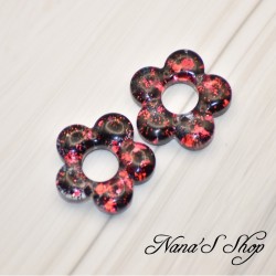 Pampilles interchangeables en forme de fleur, en résine et paillettes rouge et noir, fait main, pour créoles à composer.