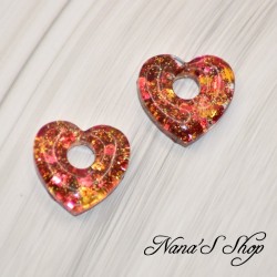 Pampilles interchangeables en forme de cœur, en résine et paillettes rouge et or, fait main, pour créoles à composer.
