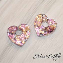 Pampilles interchangeables en forme de cœur, en résine et paillettes rose et or, fait main, pour créoles à composer.