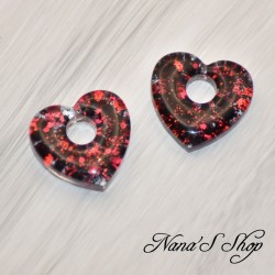 Pampilles interchangeables en forme de cœur, en résine et paillettes rouge et noir, fait main, pour créoles à composer.