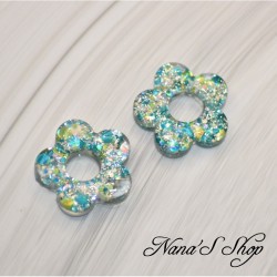 Pampilles interchangeables en forme de fleur, en résine et paillettes verte et argent, fait main, pour créoles à composer.