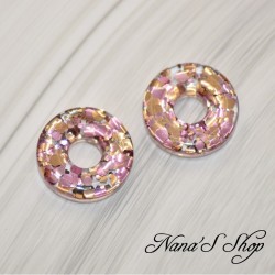 Pampilles interchangeables en forme de donuts, en résine et paillettes rose et or, fait main, pour créoles à composer.