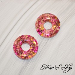 Pampilles interchangeables en forme de donuts, en résine et paillettes rose fuchsia, fait main, pour créoles à composer.