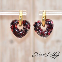 Pampilles interchangeables en forme de cœur, en résine et paillettes rouge et noir, fait main, pour créoles à composer.