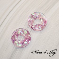 Pampilles interchangeables en forme de donuts, en résine et paillettes mauve, fait main, pour créoles à composer.