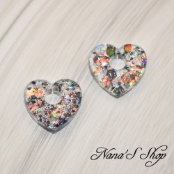 Pampilles interchangeables en forme de cœur, en résine et paillettes gris et noir, fait main, pour créoles à composer.