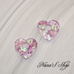 Pampilles interchangeables en forme de cœur, en résine et paillettes mauve, fait main, pour créoles à composer.