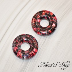 Pampilles interchangeables en forme de donuts, en résine et paillettes rouge et noir, fait main, pour créoles à composer.