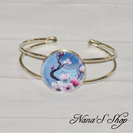 Bracelet cabochon Japon, Fleurs de cerisier, bleu et rose, fait main.
