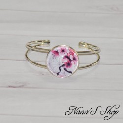 Bracelet cabochon Japon, Fleurs de cerisier, blanc et rose, fait main.