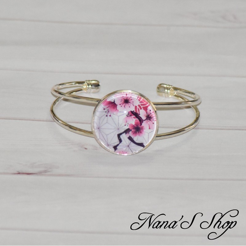 Bracelet cabochon Japon, Fleurs de cerisier, blanc et rose, fait main.