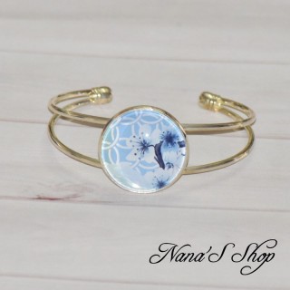 Bracelet cabochon Japon, Fleurs de cerisier, blanc et bleu, fait main.