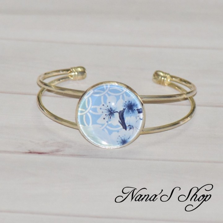 Bracelet cabochon Japon, Fleurs de cerisier, blanc et bleu, fait main.
