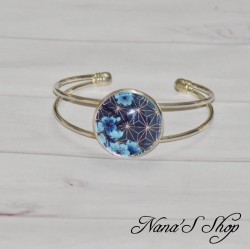 Bracelet cabochon Japon, Fleurs de cerisier, bleu, fait main.