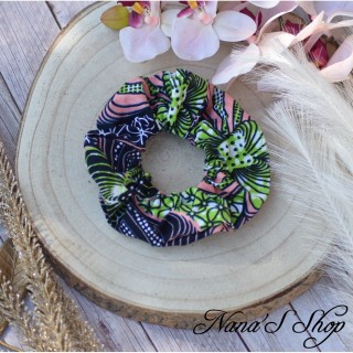 Chouchou en coton Wax coloré "Jungle corail" rose corail et vert pomme, fait main en France.