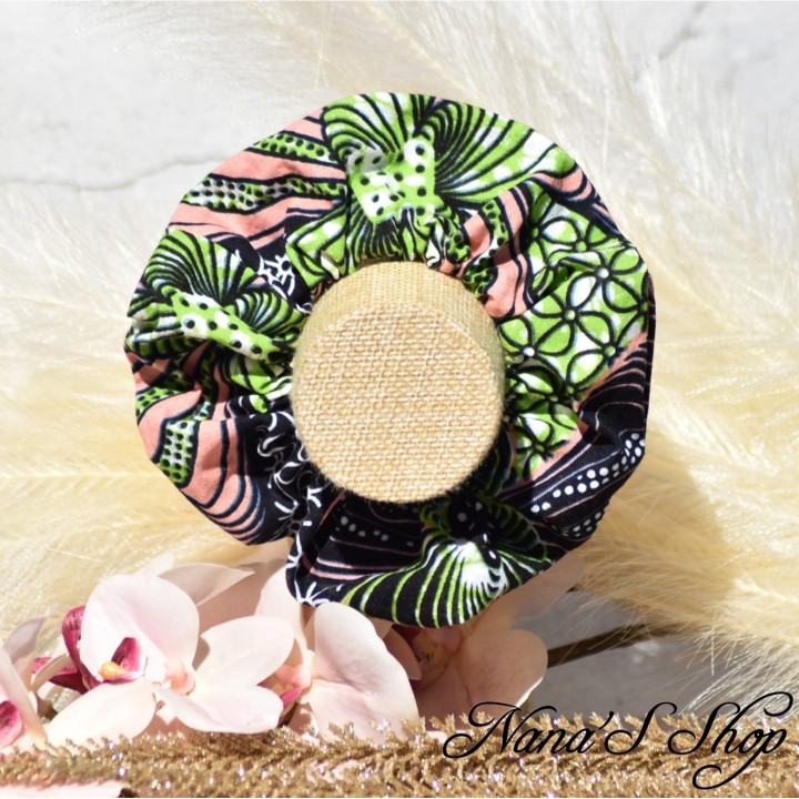 Chouchou en coton Wax coloré "Jungle corail" rose corail et vert pomme, fait main en France.