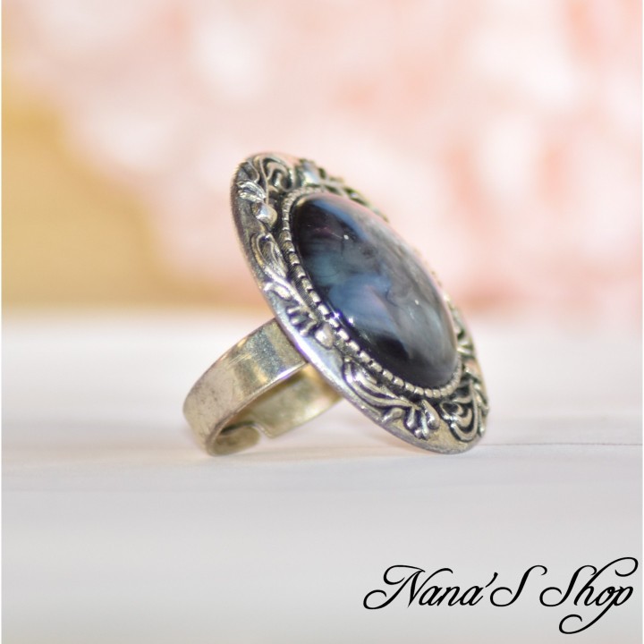 Bague réglable et cabochon à reflet captivant, imitation nacre foncé