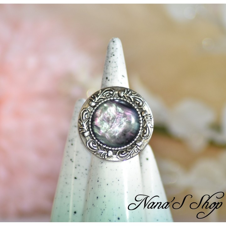 Bague réglable et cabochon à reflet captivant, imitation nacre foncé