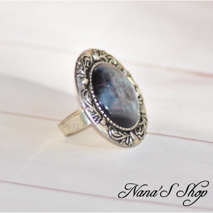 Bague réglable et cabochon à reflet captivant, imitation nacre foncé