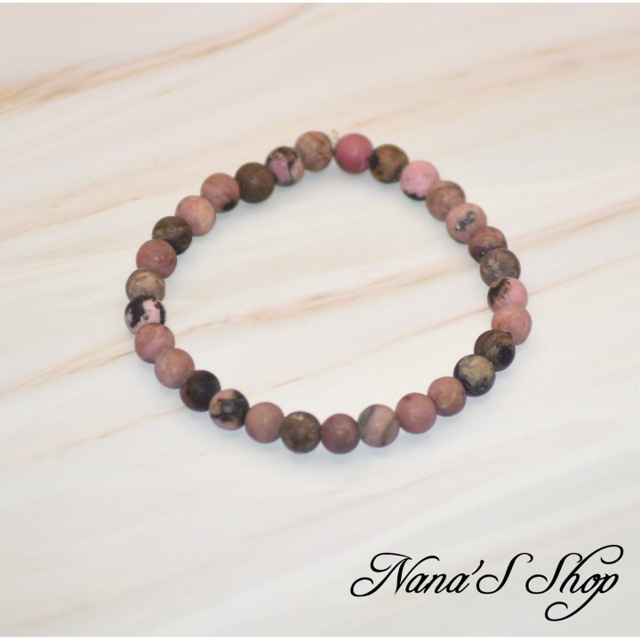 Bracelet fait main en Rhodonite de Madagascar, grade A, rose veiné de noir.