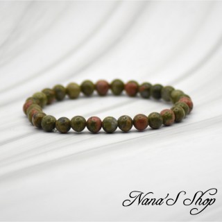Bracelet Fait main, Unakite épidote grade A, tons vert olive à rouge / rose (6mm).