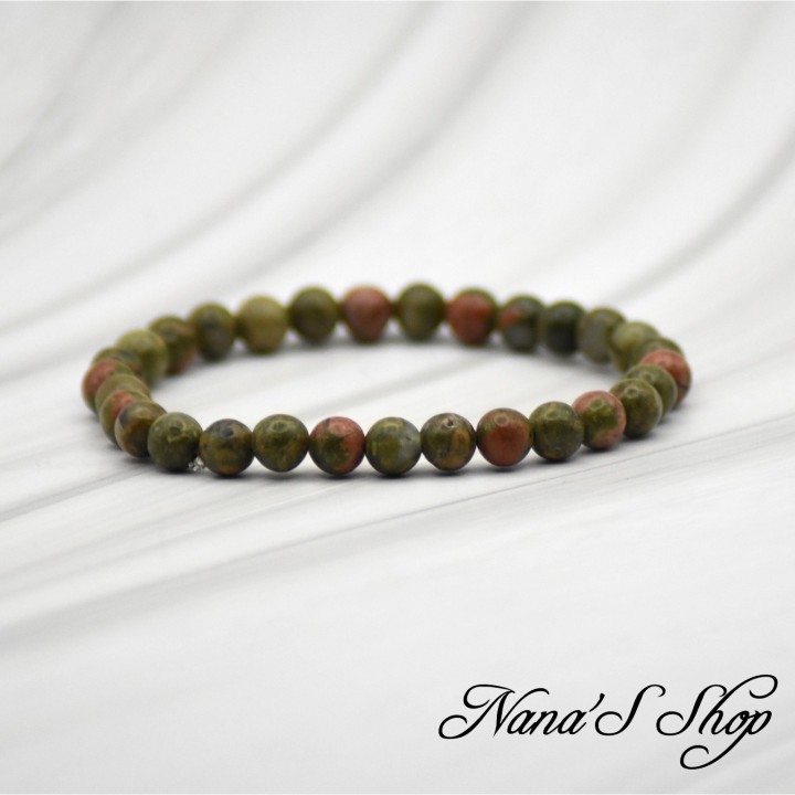 Bracelet Fait main, Unakite épidote grade A, tons vert olive à rouge / rose (6mm).
