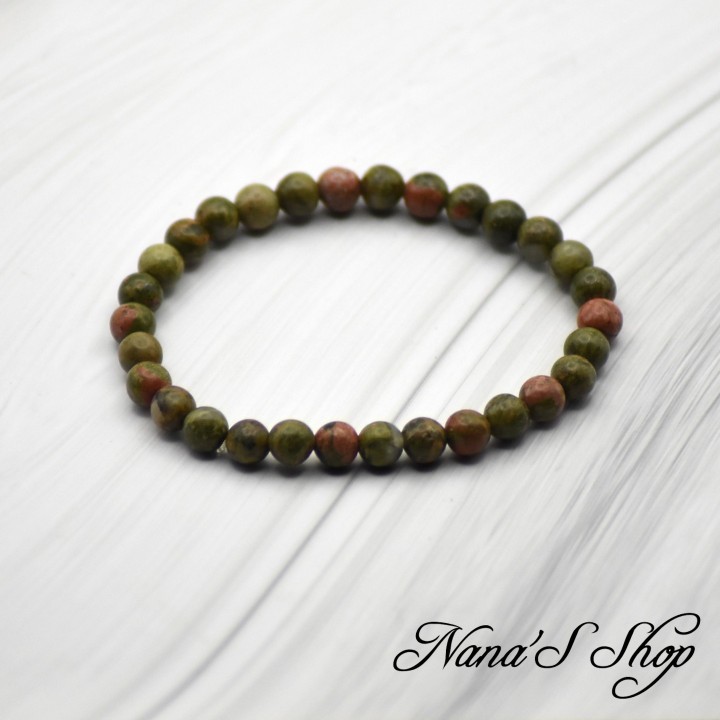 Bracelet Fait main, Unakite épidote grade A, tons vert olive à rouge / rose (6mm).