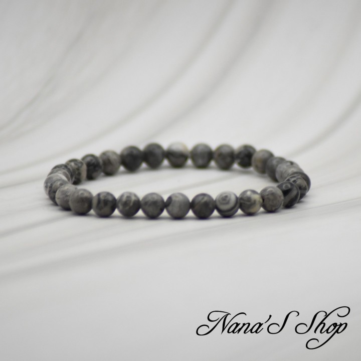 Bracelet Fait Main, en perles de Jaspe Picasso Gris, Grade A.