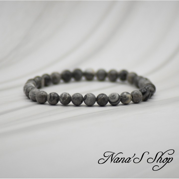 Bracelet Fait Main, en perles de Jaspe Picasso Gris, Grade A.