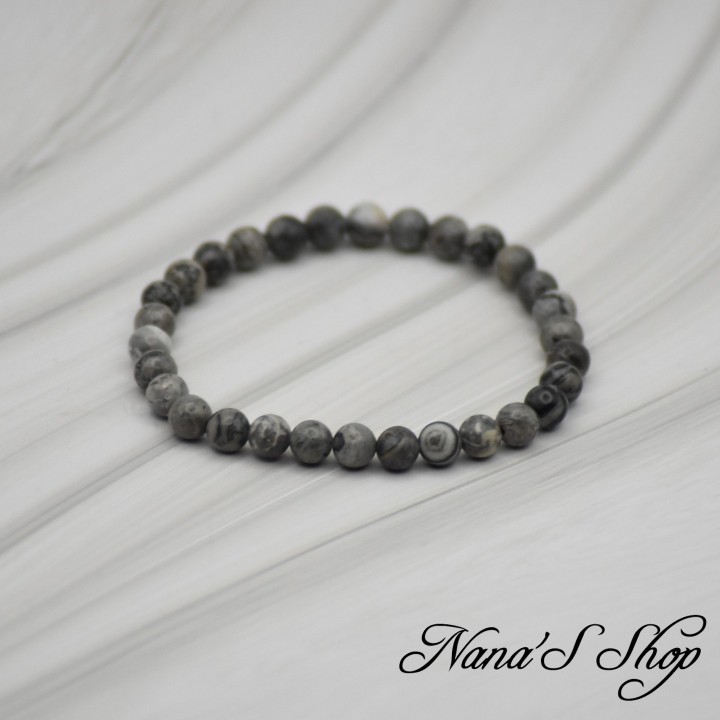 Bracelet Fait Main, en perles de Jaspe Picasso Gris, Grade A.