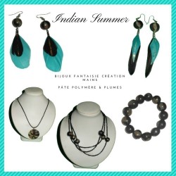 Boucles d'oreilles  fantaisie, plume, Indian Summer, coloris noir et turquoise.