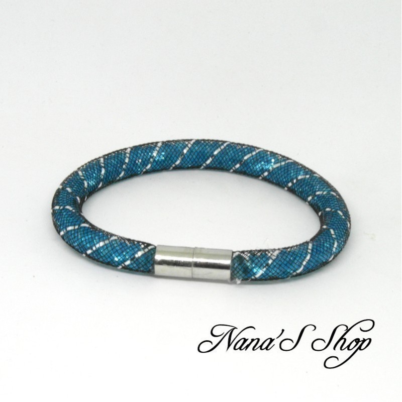 Bracelet fantaisie, grosse résille noire, Stardust, coloris bleu.