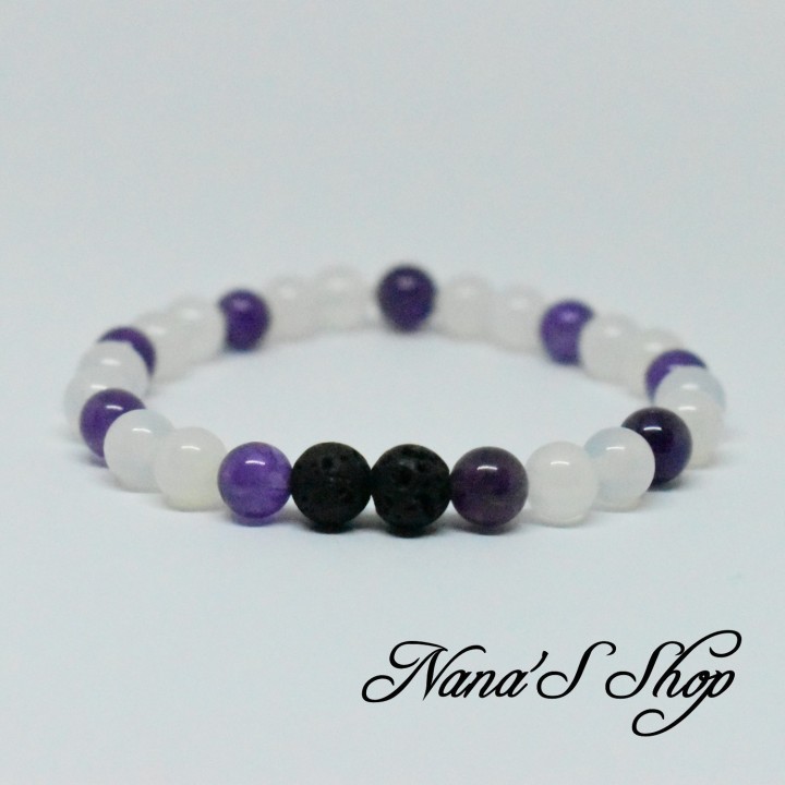 Bracelet perles en pierre, diffuseur huile essentielle, pierre de lave, agate et améthyste.