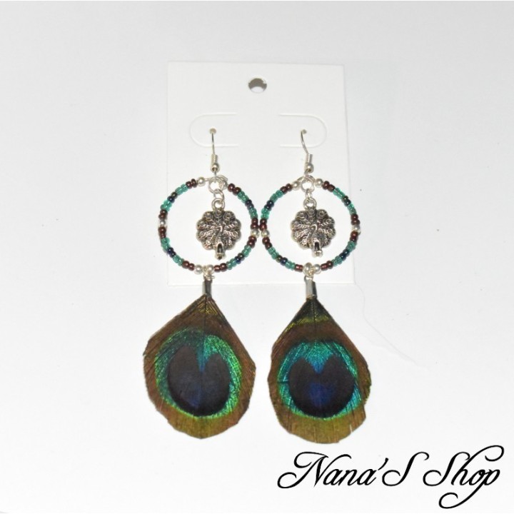 Boucles d'oreilles fantaisie, Paon et plumes.