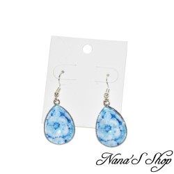 Boucles d'oreilles fantaisie, gouttes en verre, motif aquarelle, coloris bleu, modèle 6.