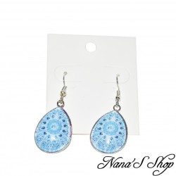 Boucles d'oreilles fantaisie, gouttes en verre, motif aquarelle, coloris bleu, modèle 8.