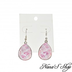 Boucles d'oreilles fantaisie, gouttes en verre, motif aquarelle, coloris rose, modèle 9.