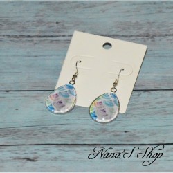 Boucles d'oreilles fantaisie, gouttes en verre, motif aquarelle, coloris multicolore, modèle 3.