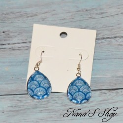 Boucles d'oreilles fantaisie, gouttes en verre, motif aquarelle, coloris bleu, modèle 5.