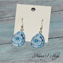 Boucles d'oreilles fantaisie, gouttes en verre, motif aquarelle, coloris bleu, modèle 6.