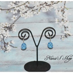 Boucles d'oreilles fantaisie, gouttes en verre, motif aquarelle, coloris bleu, modèle 5.