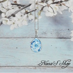 Chaine, pendentif fantaisie, goutte en verre, motif aquarelle, coloris bleu, modèle 6.