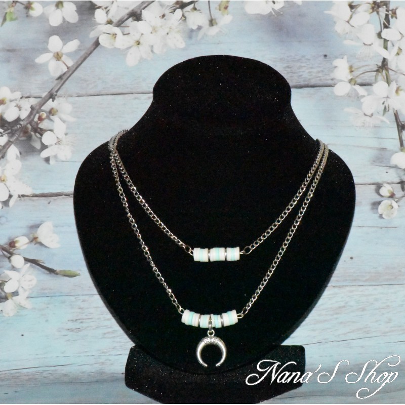 Chaine fantaisie, double rang, perles Heishi, pendentif corne demi-lune, modèle 3.